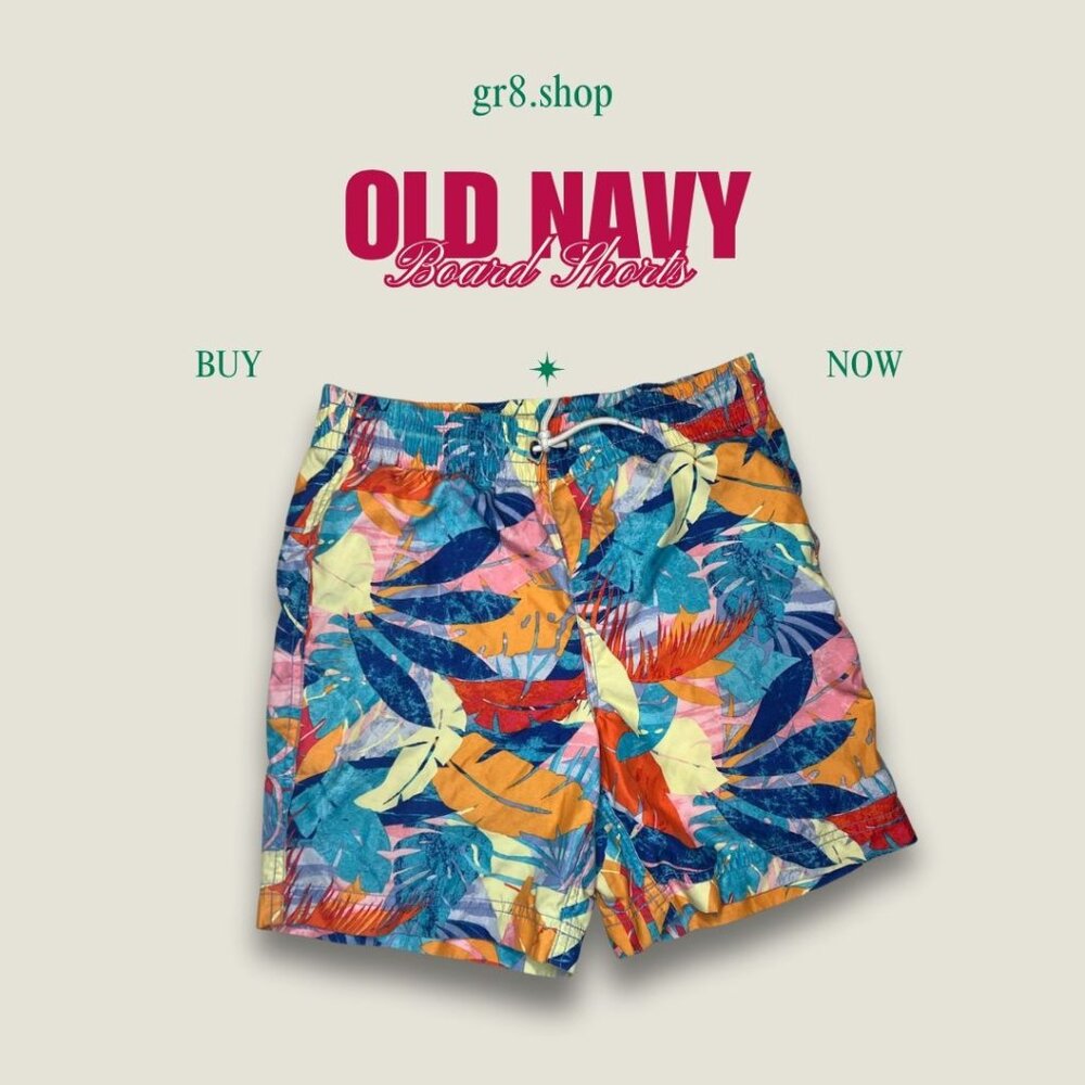 Old Navy Tropical Print Boys Board Shorts Size L (10-12) Elastic Waist With Draw